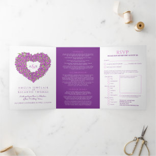 Purple tulips heart art monogram wedding Tri-Fold invitation