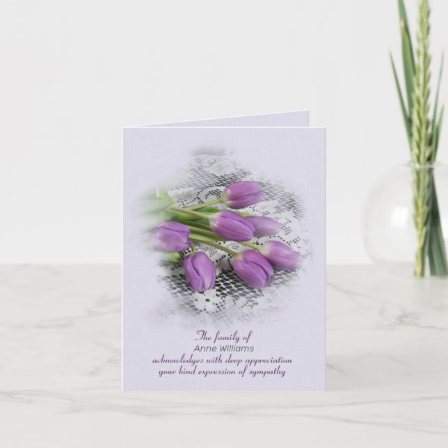 Purple Tulips on Lace Sympathy Thank You Card (Front)
