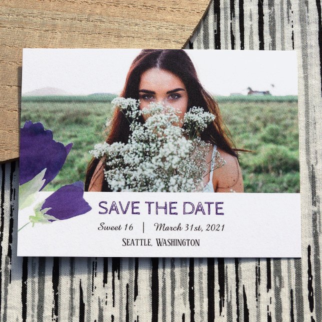 Purple Tulips Sweet 16 Enregistrer la carte de dat (Purple sweet 16 save the date postcard, purple tulips with purple stripes)