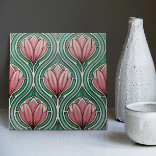 Purple Tulips Symmetric Pattern Art Nouveau Tile