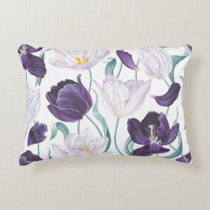 Purple Tulips: White Vintage Realism. Accent Pillow