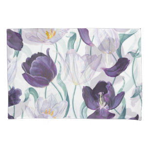 Purple Tulips: White Vintage Realism. Pillowcase