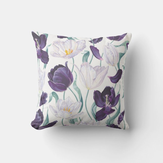 Purple Tulips: White Vintage Realism. Throw Pillow (Front)