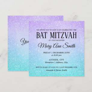 Purple & Turquoise Bat Mitzvah Faux Glitter Paint Invitation