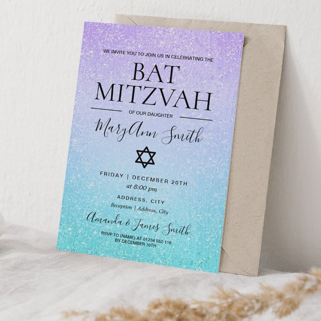 Purple & Turquoise Bat Mitzvah Faux Glitter Paint Invitation (Creator Uploaded)