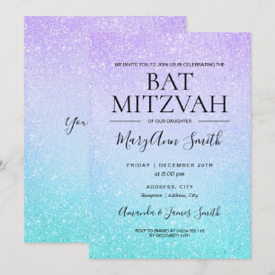 Purple & Turquoise Bat Mitzvah Faux Glitter Paint Invitation