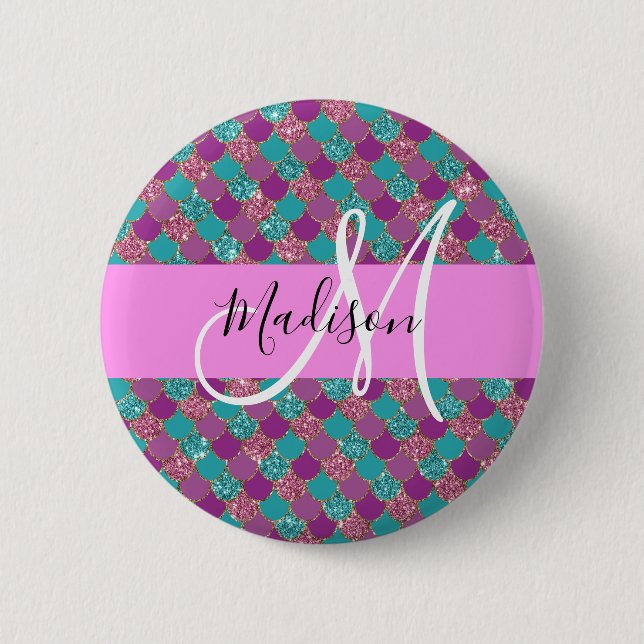 Purple Turquoise Mermaid Glitter Sparkles Monogram 2 Inch Round Button (Front)