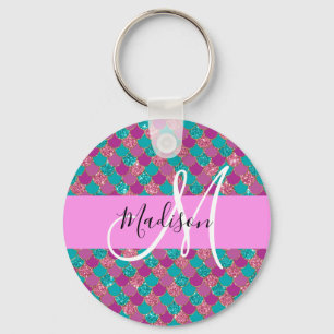 Purple Turquoise Mermaid Glitter Sparkles Monogram Keychain