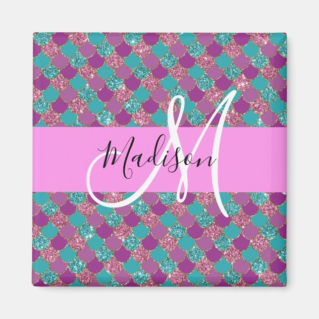 Purple Turquoise Mermaid Glitter Sparkles Monogram Magnet (Front)