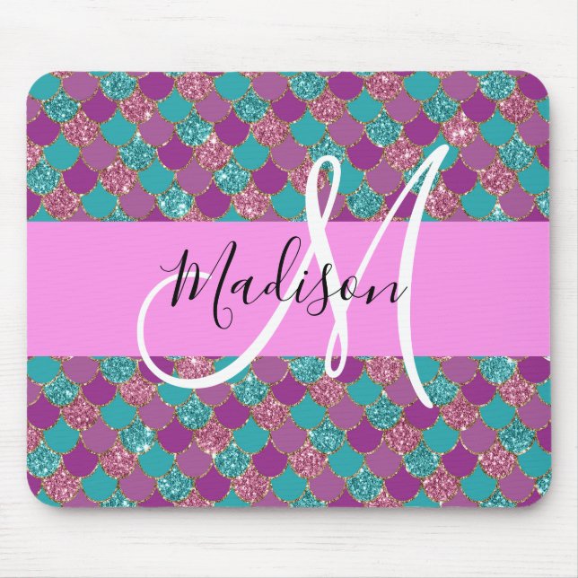 Purple Turquoise Mermaid Glitter Sparkles Monogram Mouse Pad (Front)