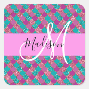 Purple Turquoise Mermaid Glitter Sparkles Monogram Square Sticker