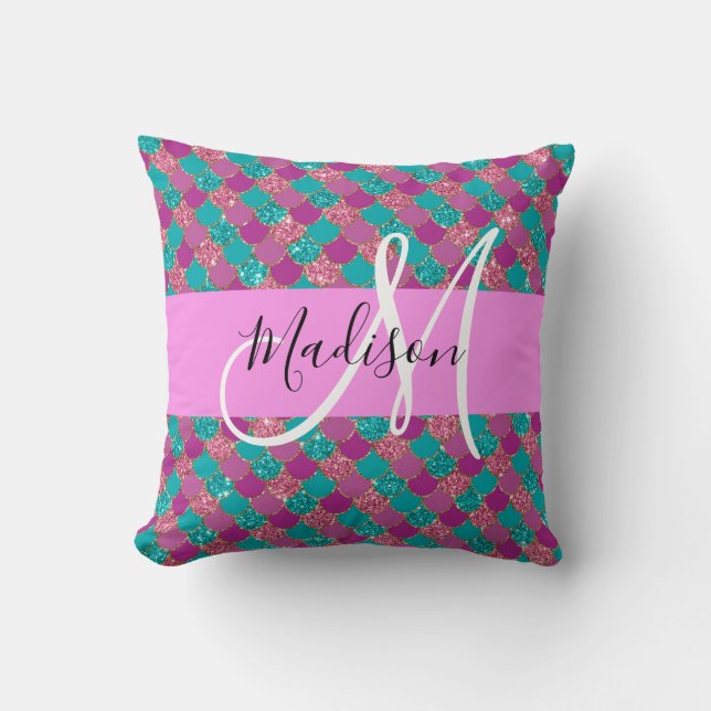Purple Turquoise Mermaid Glitter Sparkles Monogram Throw Pillow (Front)