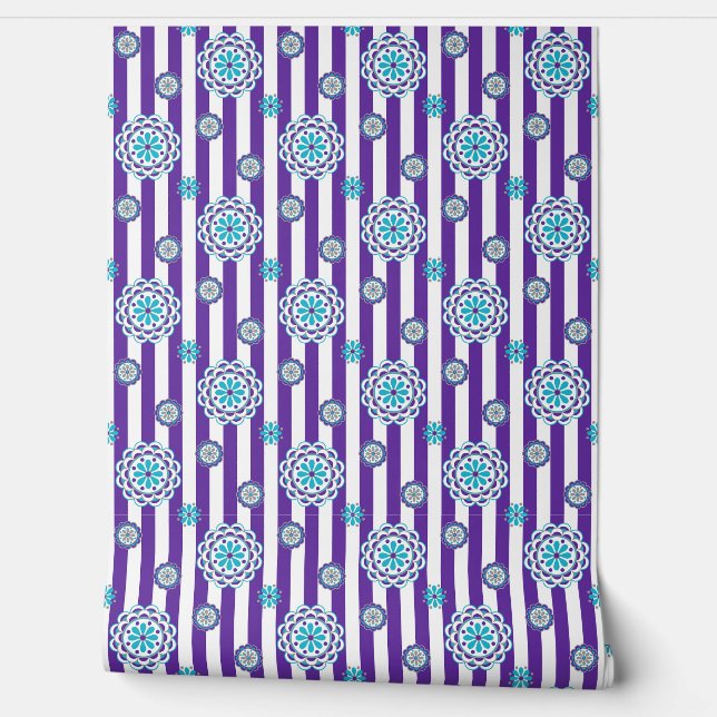 Purple, Turquoise Mod Flowers on Stripes Wallpaper (Unrolling)