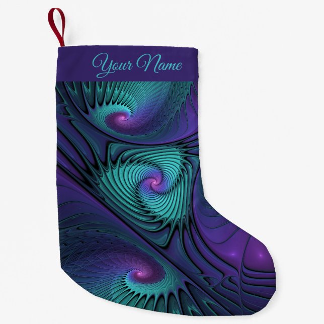 Purple Turquoise Modern Abstract Fractal Art Name Small Christmas Stocking (Front)