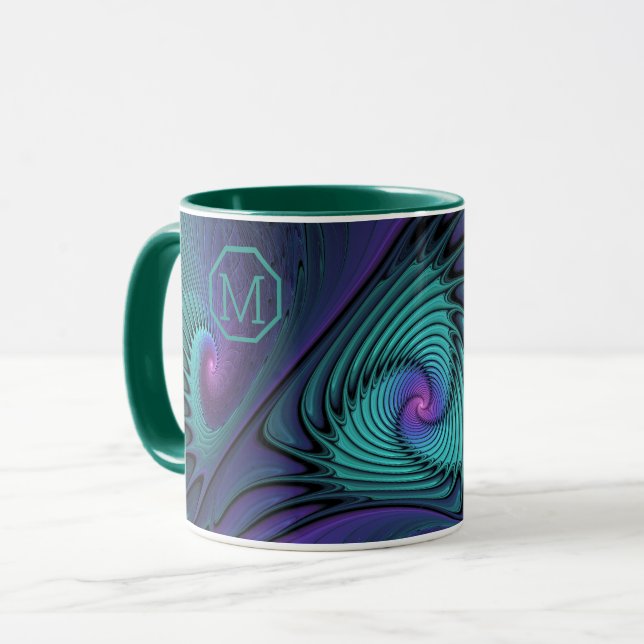 Purple Turquoise modern abstract Fractal Monogram Mug (Front Left)