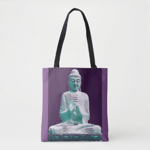 Purple Turquoise Peaceful Happy Buddha Tote Bag