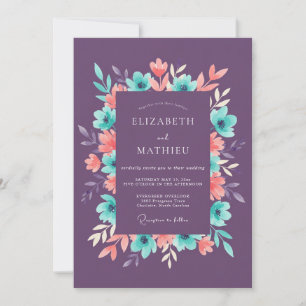 Purple Turquoise Peach Watercolor Floral Wedding Invitation