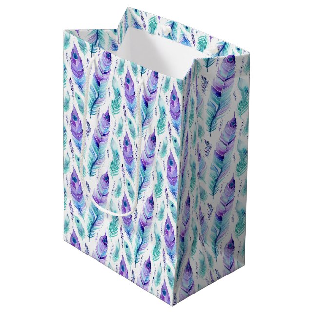 Purple Turquoise Peacock Feathers Medium Gift Bag (Front Angled)
