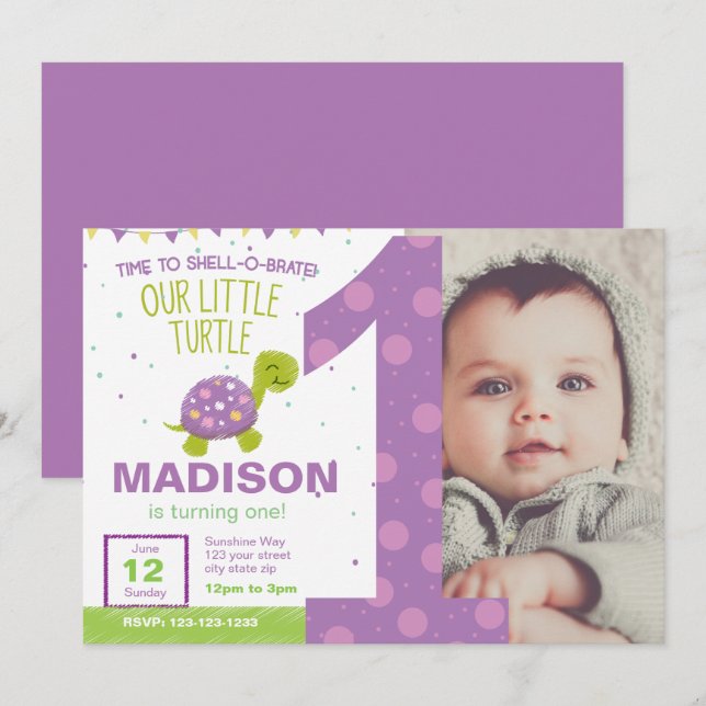 Purple Turtle First Birthday Party Invitation (Front/Back)