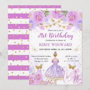 Purple Tutu Blonde Hair Ballerina Birthday Invitation