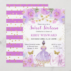 Purple Tutu Brunette Hair Ballerina Sweet 16 Invitation