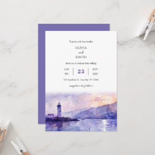 Purple Twilight Lighthouse Harbour Beach Wedding  Invitation