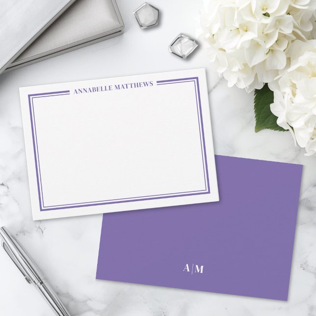 Purple Two Border Minimalist Monogram Card (Purple Border Minimalist Name Monogram Note Card )