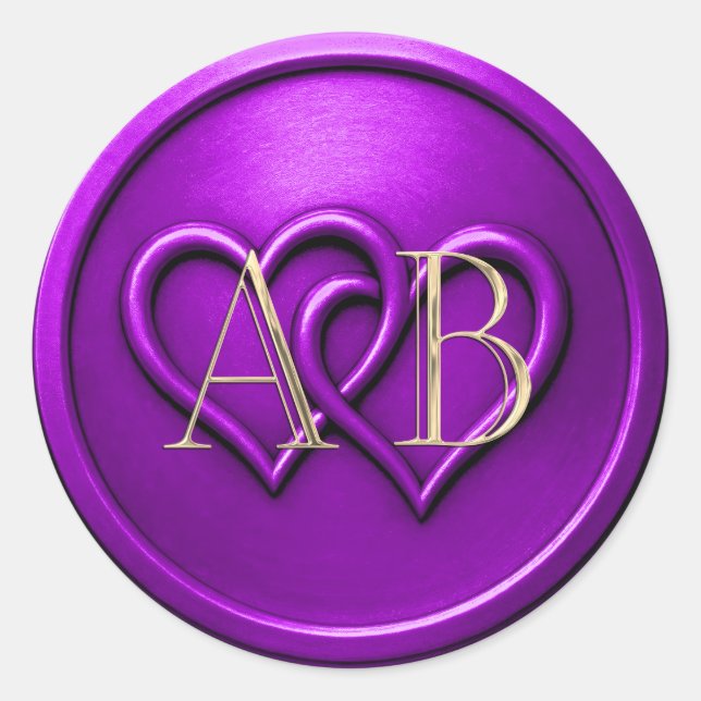 Purple Two Hearts Intertwined Monogram Wedding Classic Round Sticker (Front)