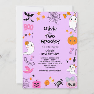 Purple Two Spooky Cute Halloween 2nd Birthday  Invitation