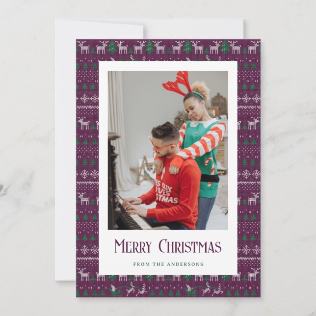 Purple Ugly Christmas Sweater Photo Holiday Cards (Front)