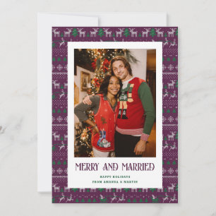 Purple Ugly Sweater Merry and Married Photo Holiday Card