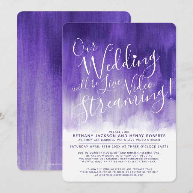 Purple ultra violet art live streaming wedding invitation (Front/Back)