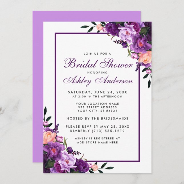 Purple Ultra Violet Floral Bridal Shower Invite VF (Front/Back)