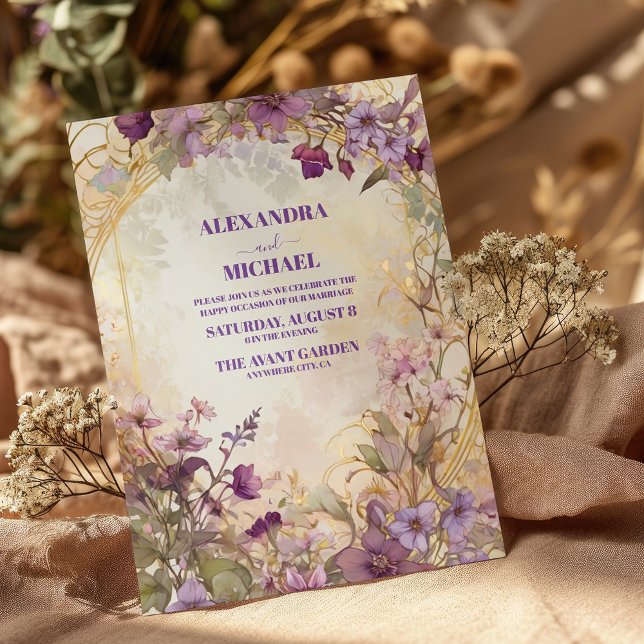 Purple Ultra Violet Floral Gold Wedding  Invitation (Creator Uploaded)