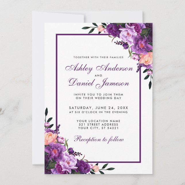 Purple Ultra Violet Floral Wedding Invitation P (Front)