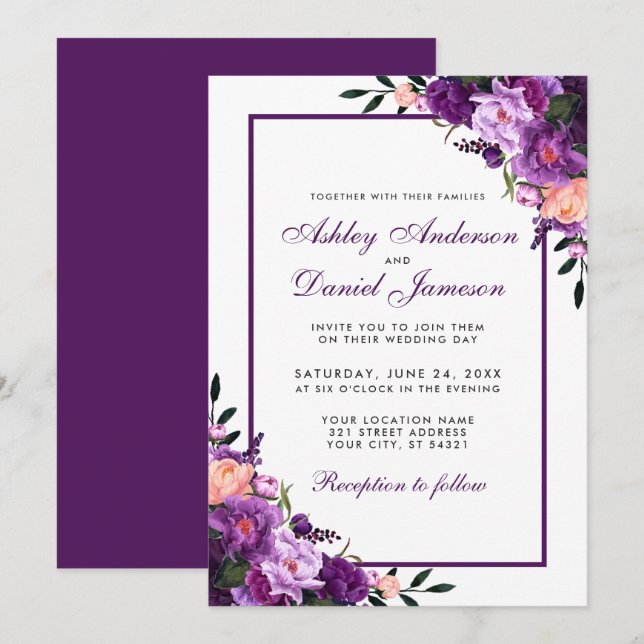 Purple Ultra Violet Floral Wedding Invitation PSB (Front/Back)