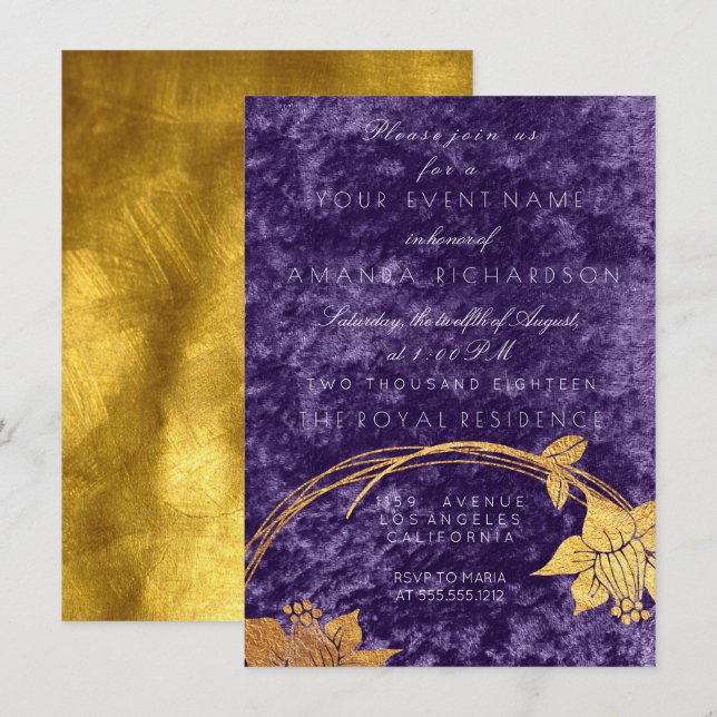 Purple Ultra Violet Gold Floral Wreath Velvet Plum Invitation (Front/Back)