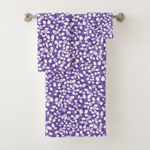 Purple Ultra Violet White Flowers Floral Branches Bath Towel Set