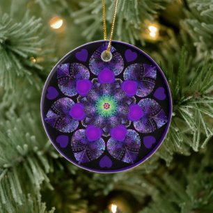 Purple umbrella & hearts .7 ceramic ornament