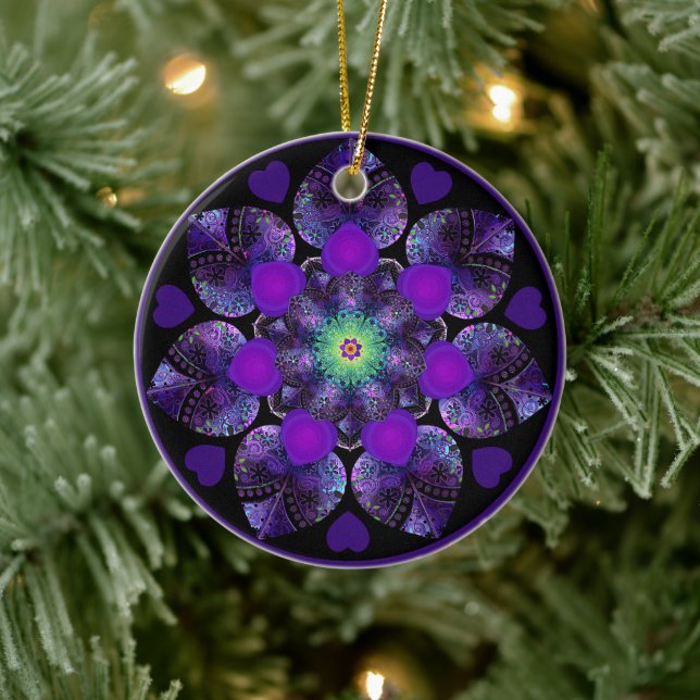 Purple umbrella & hearts .7 ceramic ornament (Tree)