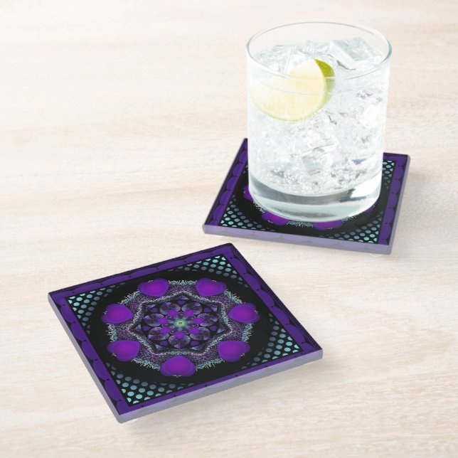 Purple umbrella & hearts .7 glass coaster (Angled)