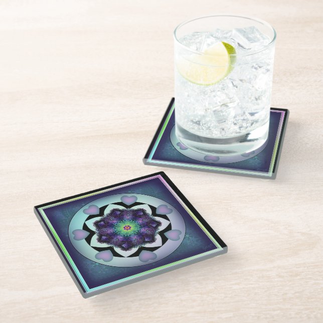Purple umbrella & hearts .7 glass coaster (Angled)