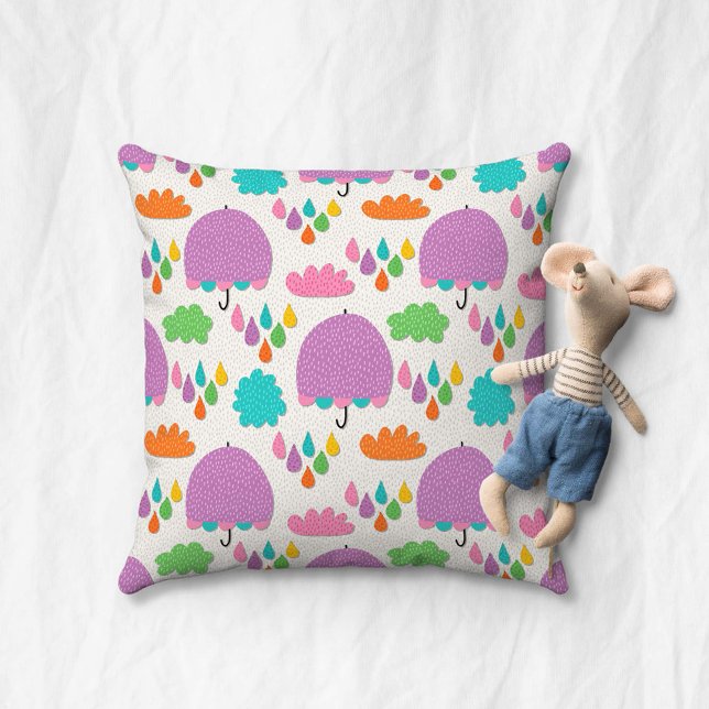 Purple Umbrellas with Clouds and Raindrops Throw Pillow (Creator Uploaded)