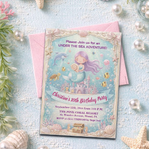 Purple Under the Sea Mermaid 10th Birthday Party Invitation