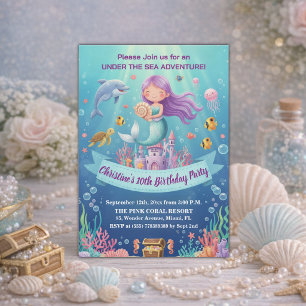 Purple Under the Sea Mermaid 10th Birthday Party Invitation