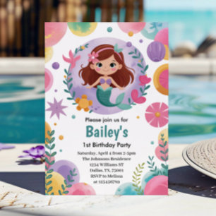 Purple Under The Sea Mermaid 1st Birthday Party Invitation