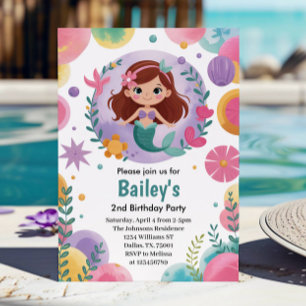 Purple Under The Sea Mermaid 2nd Birthday Party Invitation