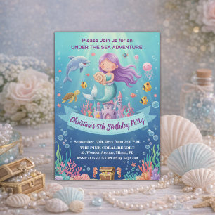 Purple Under the Sea Mermaid 5th Birthday Party Invitation
