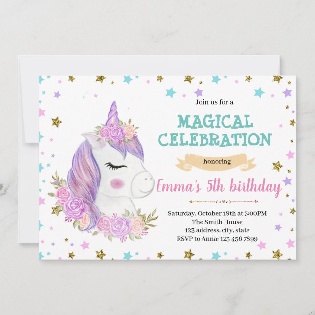 Purple unicorn birthday invitation (Front)