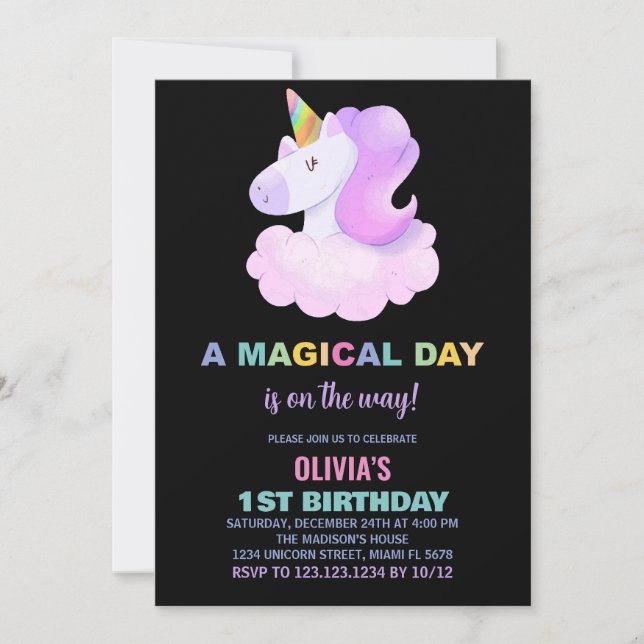 Purple Unicorn Birthday Invitations (Front)